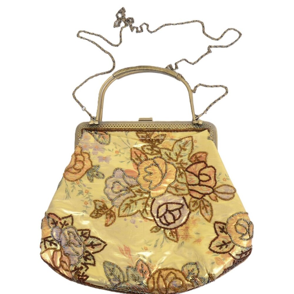 Vtg Floral Beaded Evening Bag Purse Brass Tone Detail Crossbody Fairy Retro